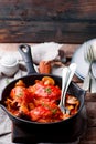 Marengo chicken in a frying pan. . selective focus Royalty Free Stock Photo