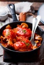 Marengo chicken in a frying pan. . selective focus Royalty Free Stock Photo
