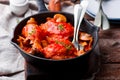 Marengo chicken in a frying pan. . selective focus Royalty Free Stock Photo
