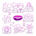 Honeymoon Element Set with hand drawn outline doodle style Royalty Free Stock Photo