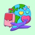Honeymoon traveling illustration with colored hand drawn outline doodle style Royalty Free Stock Photo