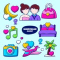 Honeymoon Element Set with colored hand drawn outline doodle style Royalty Free Stock Photo