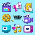 Video Marketing Element set with colored hand drawn outline doodle style Royalty Free Stock Photo