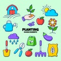 Planting and Gardening element set with colored hand drawn outline doodle style