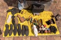 A top angle shot of the equipment arranged at a roadside cobbler shop