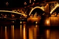 night view of the Margaret bridge in Budapest. reflections on the water. closeup view.
