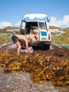 Margaret River, Western Australia, 06/10/2013, Margaret River beachcomber, man collecting seaweed into a retro van