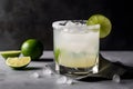 Margarita cocktail with ice, a slice of lime and a salty rim on a dark background