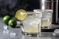 Margarita cocktail with ice, a slice of lime and a salty rim on a dark background Royalty Free Stock Photo