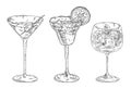 Margarita and gin tonic cocktail. Martini drink with olive. Vintage engraving Royalty Free Stock Photo