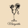 Margarita glass isolated.Hand drawn sketch of traditional cocktail with slice of lime and ice for restaurant menu design Royalty Free Stock Photo