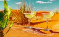 Margarita glasses with lime in Sonoran Desert, Arizona. Refreshing moment in warm landscape, travel concept Royalty Free Stock Photo