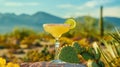 Margarita glasses with lime in Sonoran Desert, Arizona. Refreshing moment in warm landscape, travel concept Royalty Free Stock Photo