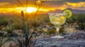 Margarita glasses with lime in Sonoran Desert, Arizona. Refreshing moment in warm landscape, travel concept Royalty Free Stock Photo