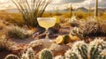 Margarita glasses with lime in Sonoran Desert, Arizona. Refreshing moment in warm landscape, travel concept Royalty Free Stock Photo