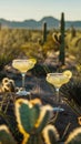 Margarita glasses with lime in Sonoran Desert, Arizona. Refreshing moment in warm landscape, travel concept Royalty Free Stock Photo