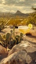 Margarita glasses with lime in Sonoran Desert, Arizona. Refreshing moment in warm landscape, travel concept Royalty Free Stock Photo