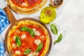 Margarita and pepperoni pizza with tomatoes, mozzarella cheese and basil Royalty Free Stock Photo