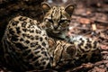 Margay, Leopardus wiedii, female with baby.