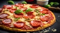 Margherita Italian pizza with melted mozzarella cheese and tomato garnished with basil Generative AI