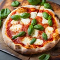 Margherita Italian pizza with melted mozzarella cheese and tomato garnished with fresh basil on a thick crust.