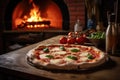 a margherita pizza baking in a traditional brick pizza oven Royalty Free Stock Photo