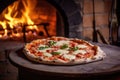 a margherita pizza baking in a traditional brick pizza oven Royalty Free Stock Photo