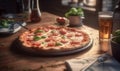 Margherita PIZZA: A classic Italian pizza,thin crust, tomato sauce, mozzarella cheese, and fresh basil. Ai Generated