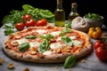 a margherita pizza with fresh ingredients tomatoes, mozzarella, basil on a marble countertop Royalty Free Stock Photo