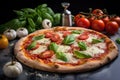 a margherita pizza with fresh ingredients tomatoes, mozzarella, basil on a marble countertop Royalty Free Stock Photo