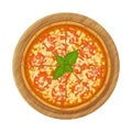 Margherita pizza with tomatoes on wood plate.
