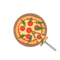 Margherita pizza on wooden board on white. Slice with melting cheese. Vector