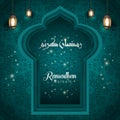 Marhaban ya Ramadan Kareem paper cut blue background design vector