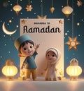 Marhaban Ya Ramadan poster template with a 3D style children background and ramadan lanterns