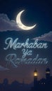 Marhaban Ya Ramadan Silver Blue 3D Script Under Crescent Moon Night Sky Royalty Free Stock Photo