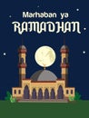 Marhaban ya ramadhan banner with mosque and full moon illustration