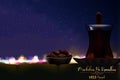 Marhaban Ya Ramadhan. Iftar party celebration with Bowl of dates and a glass of tea on a night cityscape background