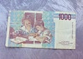 Old paper money 1000 lire, Italian bill, Maria Montessori Italy Banknote