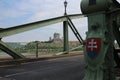 Maria Valeria bridge with Slovak state symbol and Esztergomi basilica, Danube river, Esztergom