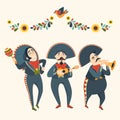 Mariachi band plays plays musical instruments. Mexican party. Mexican elements for decoration