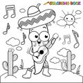 Mariachi chili pepper playing the guitar. Vector black and white coloring page.