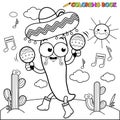 Mariachi chili pepper with maracas. Vector black and white coloring page
