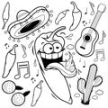 Mexican mariachi chili pepper collection. Vector black and white coloring page.