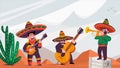 Mariachi. A group of funny Mexican musicians against a desert background. Vector illustration in flat style.