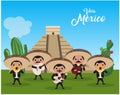 Mariachi group singing at the pyramid. Mexico independence day celebration horizontal banner. Text in Spanish - Long live Mexico Royalty Free Stock Photo