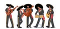 Mariachi Mexican Musicians Band Carnival Performance. Characters Playing Guitar, Drums and Maracas Instruments Royalty Free Stock Photo