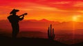 Mariachi silhouette in front of a burning evening sky.