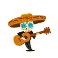 Mariachi skeleton in sombrero playing a guitar Royalty Free Stock Photo