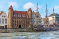 Mariacka Gate and a vintage pirate ship in the Motlawa, Gdansk