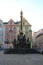 Marian column near St Bartholomew`s Cathedral on Republic Square in PlzeÃË Royalty Free Stock Photo